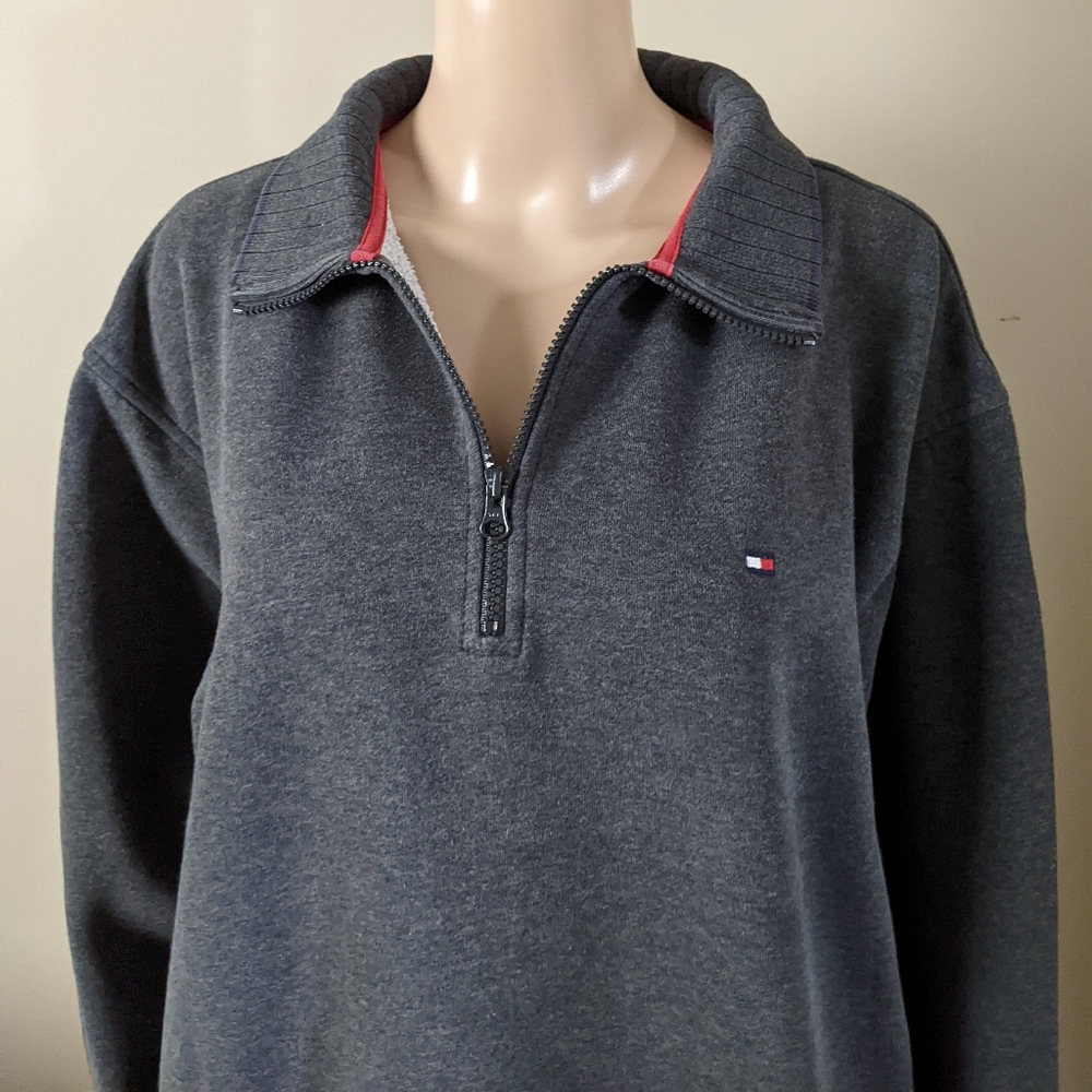 Vintage Tommy Hilfiger 1/4 zip grey sweater, men's medium